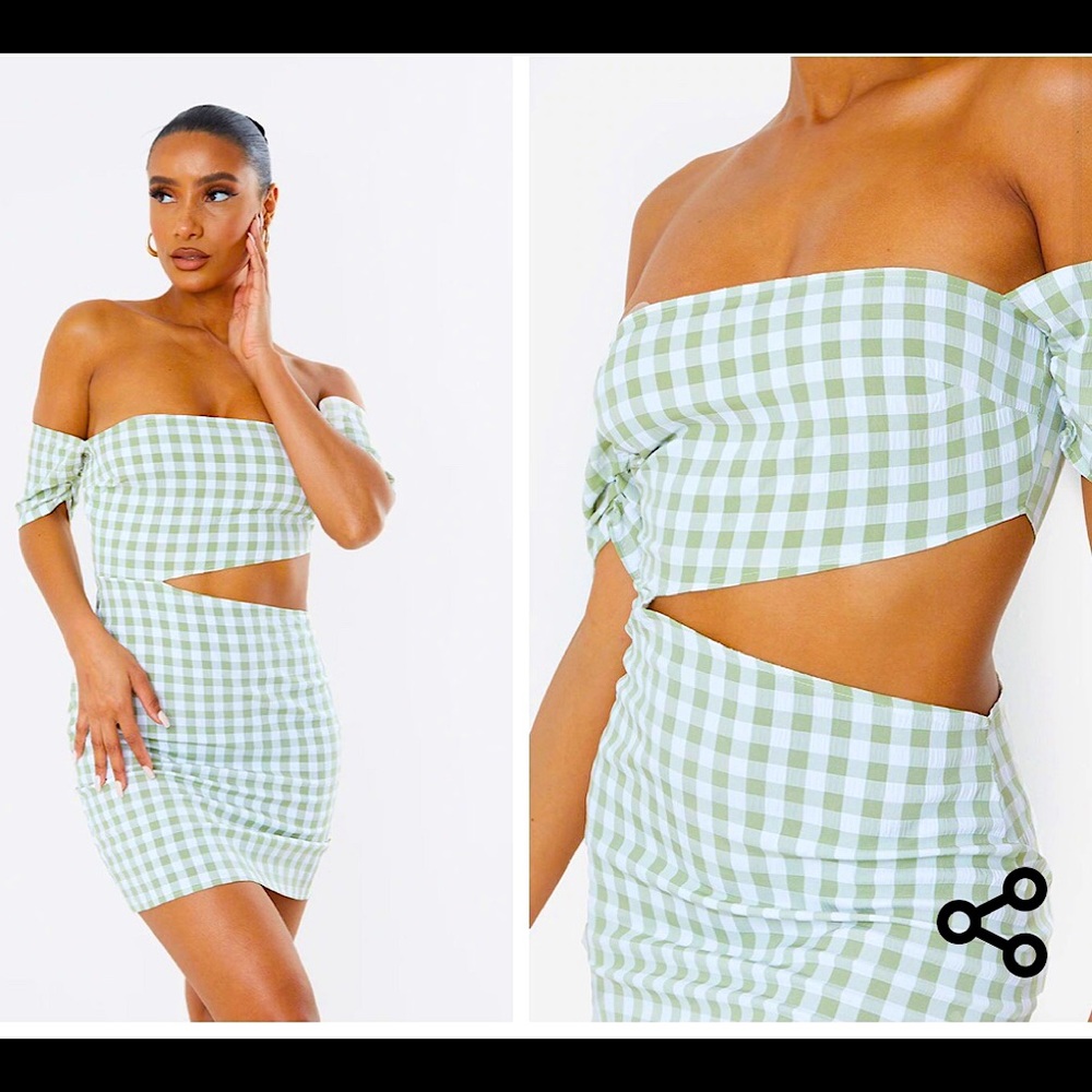Green Gingham Bardot Cap Sleeve Cut Out Shift Dres